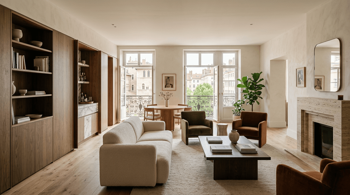 Séjour rénové avec une palette douce et des rangements intégrés
